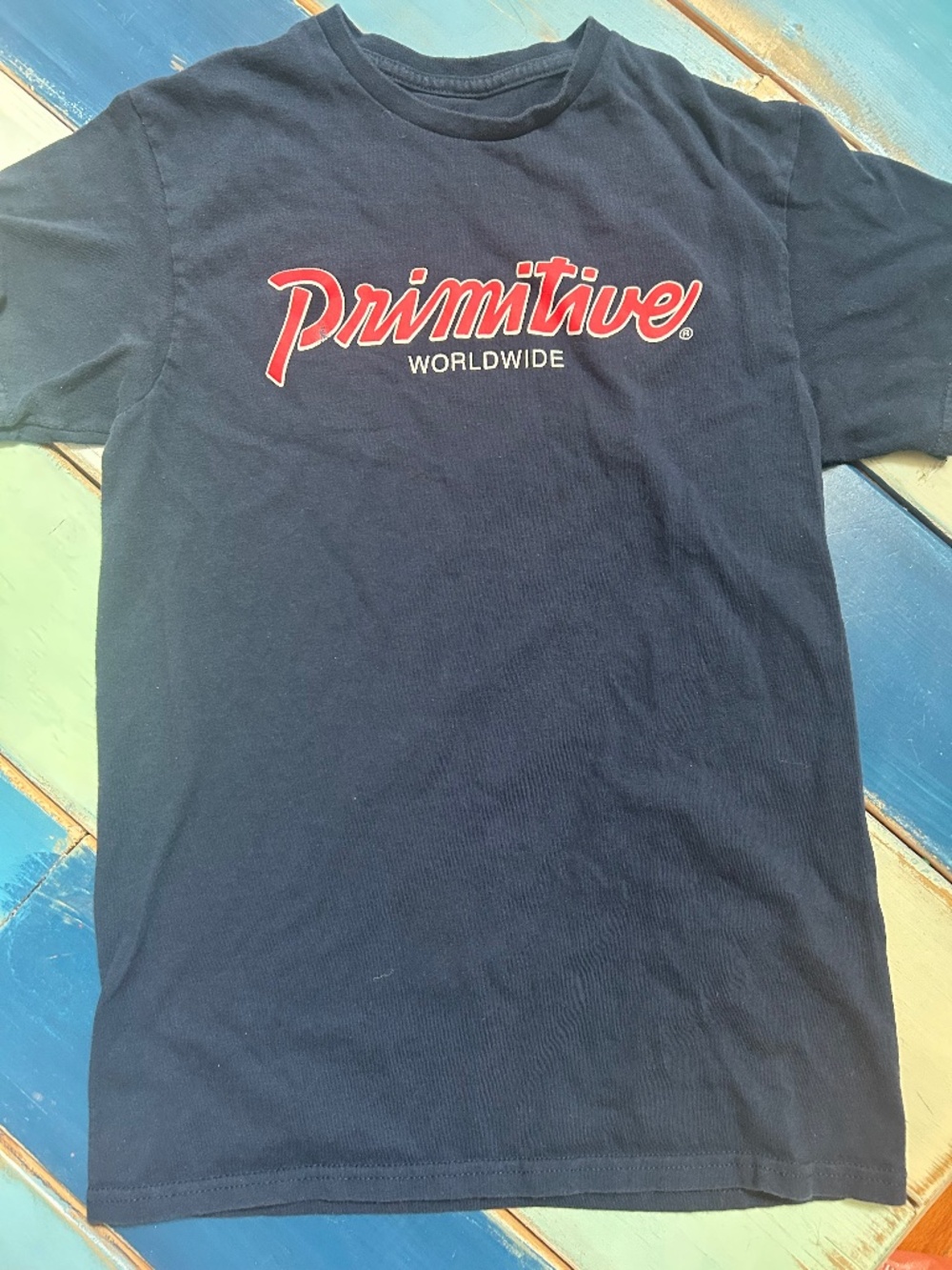 Primitive Worldwide Logo T-Shirt Women's Small Navy Blue Graphic Tee